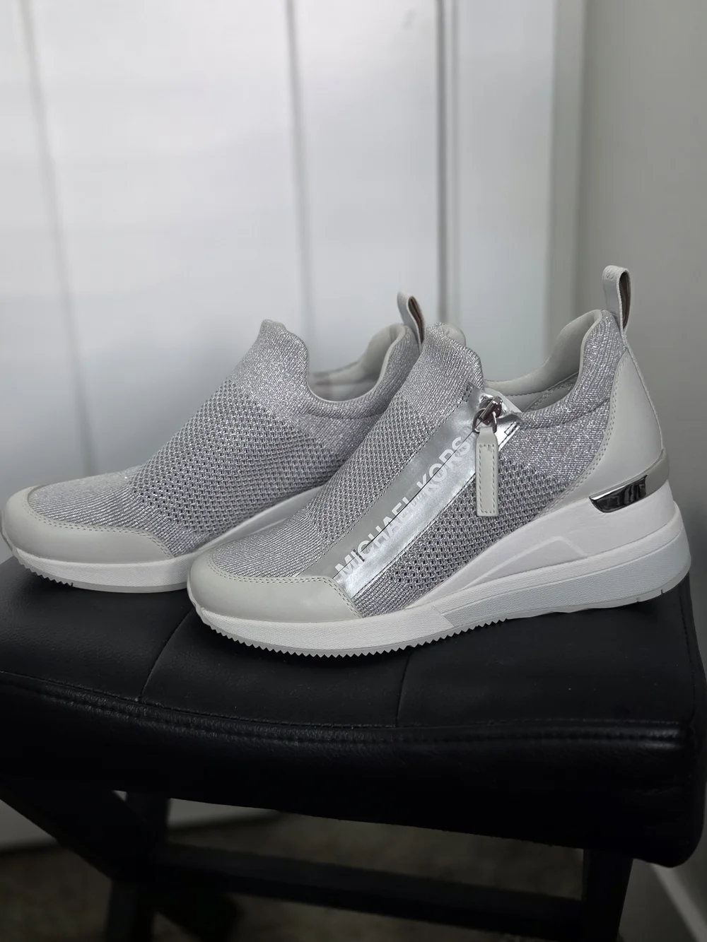 Micharl Kors Slip-On Knit Platform Sneakers in Silver